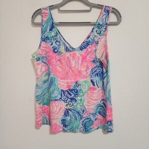 Lilly Pulitzer Sleeveless V Neck Tank Top Floral Print Pink Blue Green Size M
